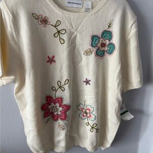 Alfred Dunner Cream Sweater with Floral Embroidery